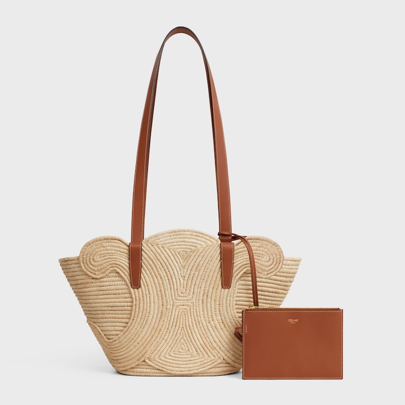 celine classic panier small triomphe intrecciato in rafia e pelle di vitello