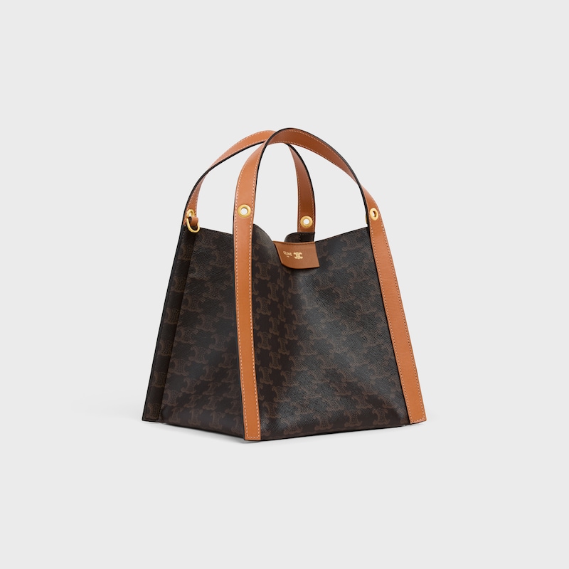 borsa cubo piccola in canvas triomphe e pelle di vitello naturale