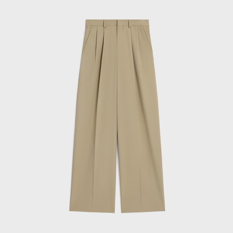 pantaloni con pieghe in gabardina di cotone e lana