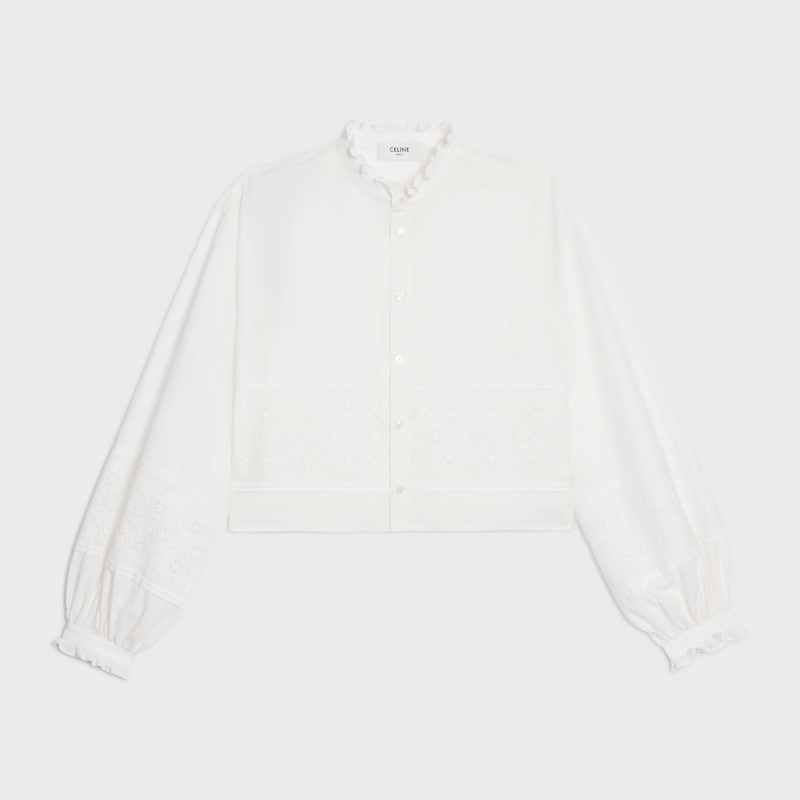 camicia ricamata in tela di lino e cotone