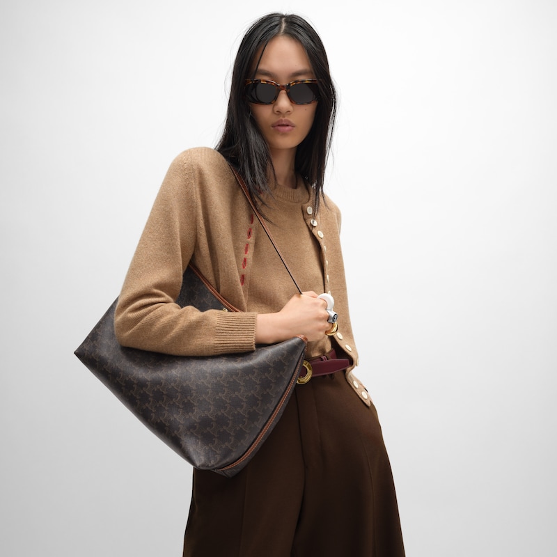 borsa shopper morbida in canvas triomphe e pelle di vitello