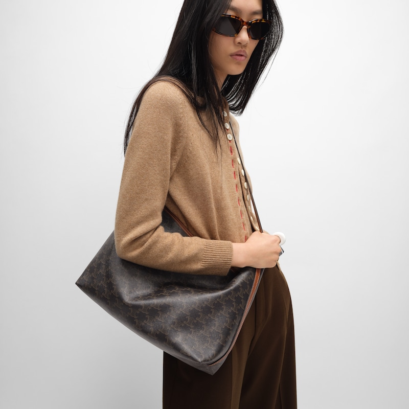 borsa shopper morbida in canvas triomphe e pelle di vitello