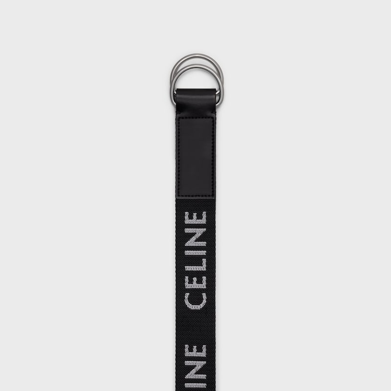 cintura grande a doppio anello da 30 mm in tessuto jacquard e pelle di vitello