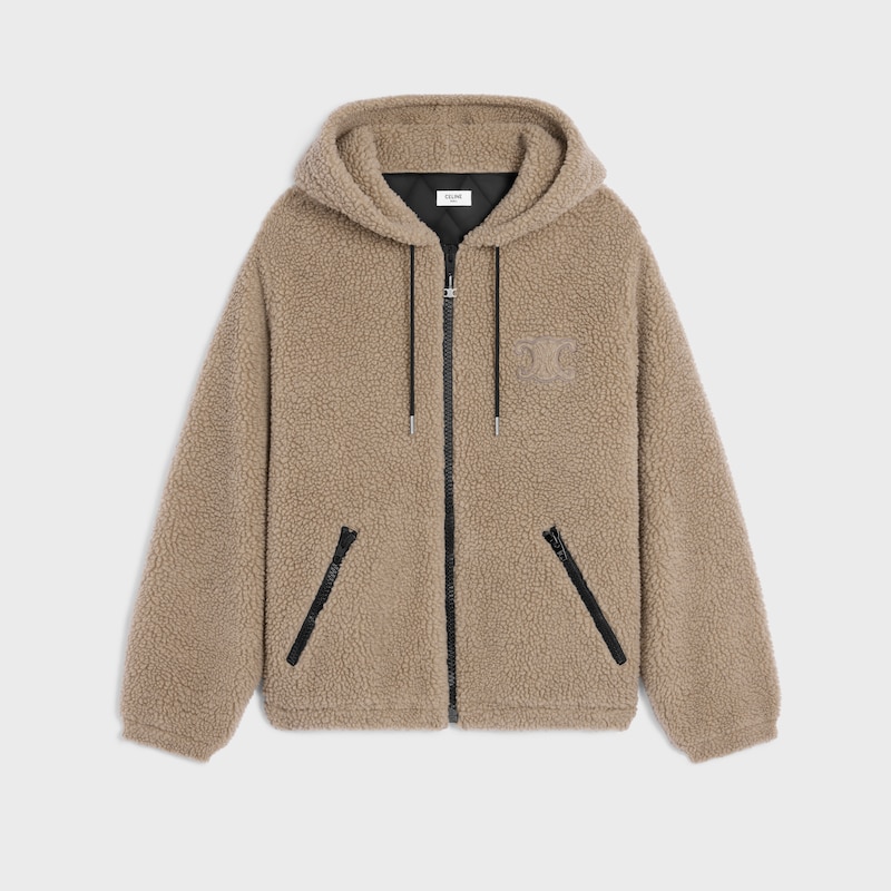 giacca con cappuccio in pile di lana e cotone